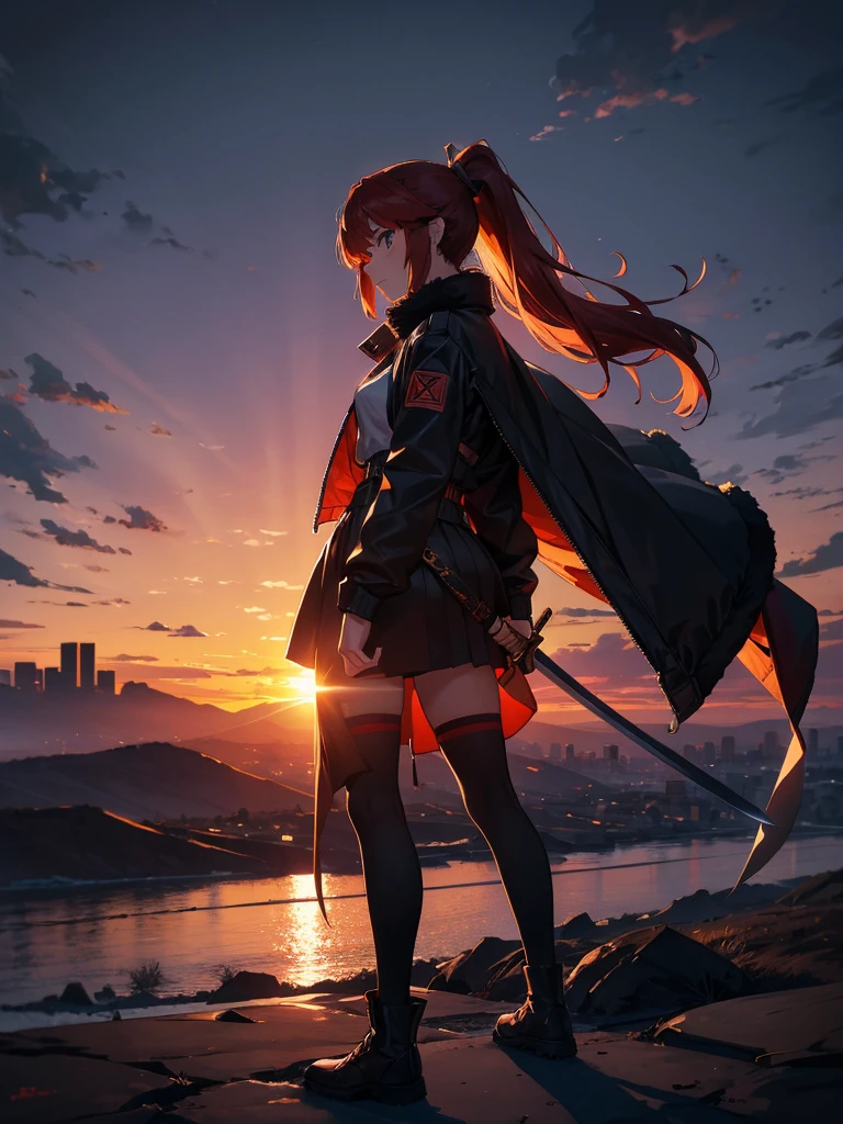 Cityscape, building, Skyline, sunset, Silhouette against a cloud background, meditation. Watching the beautiful sunset, sunset時に, sunset時, sunsetとともに, In the sunset, Nice views, Sunset view, With the sunset, sunset時に, During Golden Hour, looking sunset時に, Sunset in the background, Watching the sunset, Get noticed,, Very detailed, Red Hair, Angry expression,Wearing a black fur jacket, Medium Hair,ponytail, Anime Style, whole body, alone, Stylish Sword Fighter Girl, Has a rapier,Standing in the Wilderness, 8K high resolution, White Background, The background is a dark and desolate landscape, Horror movie atmosphere. Her figure is very beautiful, Emphasizing the dark and crazy elements. Skillfully expressing the effects of light and shadow, Anime girls from &#39; Forefront, Mechanized Soldier Girl, &#39; Forefront style