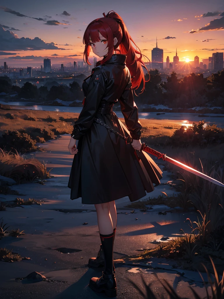 Cityscape, building, Skyline, sunset, Silhouette against a cloud background, meditation. Watching the beautiful sunset, sunset時に, sunset時, sunsetとともに, In the sunset, Nice views, Sunset view, With the sunset, sunset時に, During Golden Hour, looking sunset時に, Sunset in the background, Watching the sunset, Get noticed,, Very detailed, Red Hair, Angry expression,Wearing a black fur jacket, Medium Hair,ponytail, Anime Style, whole body, alone, Stylish Sword Fighter Girl, Has a rapier,Standing in the Wilderness, 8K high resolution, White Background, The background is a dark and desolate landscape, Horror movie atmosphere. Her figure is very beautiful, Emphasizing the dark and crazy elements. Skillfully expressing the effects of light and shadow, Anime girls from &#39; Forefront, Mechanized Soldier Girl, &#39; Forefront style