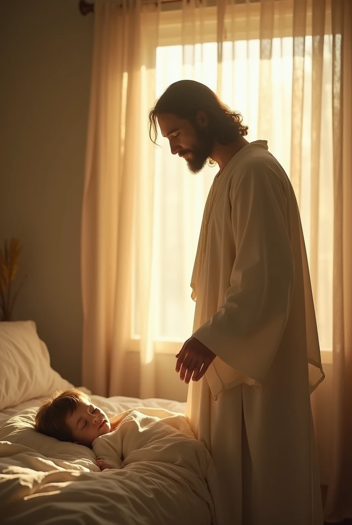 "Jesus Christ, with a serene and loving expression, gently enters a softly lit bedroom. He approaches a child sleeping peacefully in bed, casting a warm, protective glow over the scene. Jesus is dressed in simple, humble robes, and He stands beside the bed, looking down at the child with deep affection and care. The room is calm and tranquil, with gentle light filtering through a window, creating an atmosphere of divine peace and reassurance."