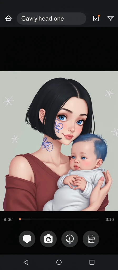 ((detailded)) ((Neutral art))a woman with short black hair, clear blue eyes, with bright blue drawings on her face, bright eyes large breasts with a baby in her arms with blue hair and blue eyes