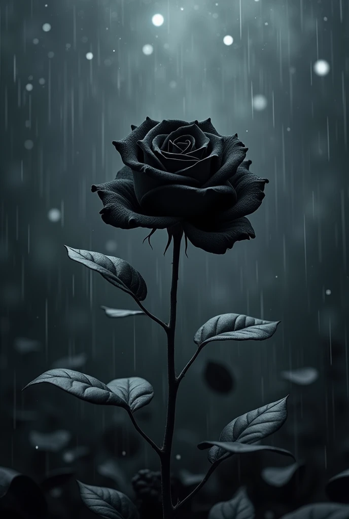 A black rose with black petals falling around it, with a starry sky and rain