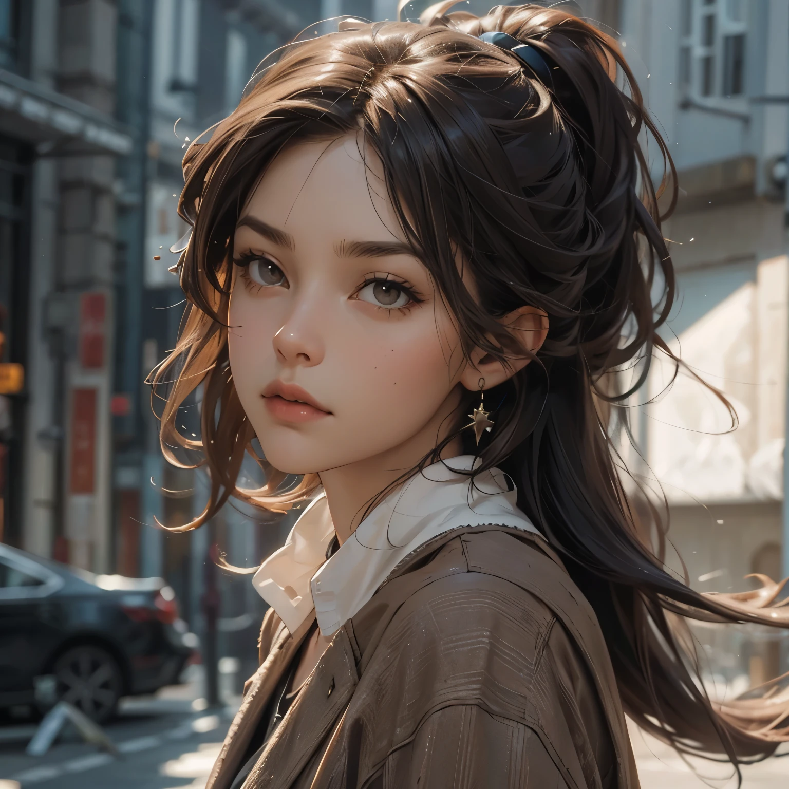 character, fictional, woman, consists of fragments of brown, cool, of the edge dynamic, cinematic, oblique perspective, portrait