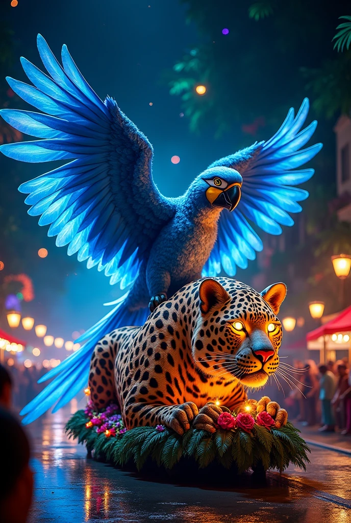 allegorical float with a giant blue macaw with open wings and a jaguar head in front with lights in its eyes
