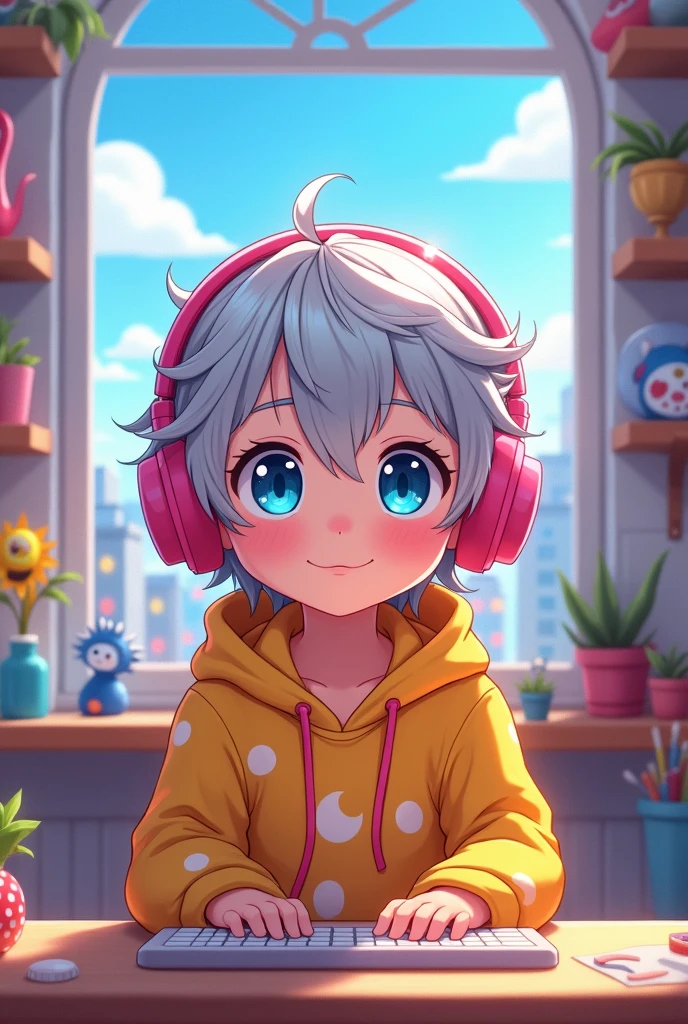 "Create an anime-style image of a young child sitting at a computer desk. The child has large, bright blue eyes, and silver or white messy hair. They are wearing a yellow hoodie with cute patterns on it and large pink headphones. The background is a cozy, well-decorated room with a window showing a cityscape under a clear blue sky. There are toys and decorations on shelves in the room, adding a playful and atmosphere. The lighting is warm, reflecting a peaceful and creative environment."