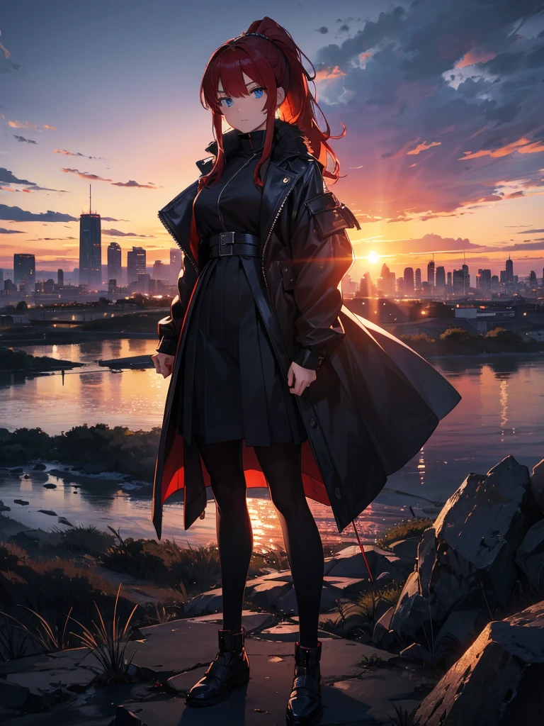 Cityscape, building, Skyline, sunset, Silhouette against a cloud background, meditation. Watching the beautiful sunset, sunset時に, sunset時, sunsetとともに, In the sunset, Nice views, Sunset view, With the sunset, sunset時に, During Golden Hour, looking sunset時に, Sunset in the background, Watching the sunset, Get noticed,, Very detailed, blue eyes, Red Hair, Angry expression,Wearing a black fur jacket, Medium Hair,ponytail, Anime Style, whole body, alone, Stylish Sword Fighter Girl, Has a rapier,Standing in the Wilderness, 8K high resolution, White Background, The background is a dark and desolate landscape, Horror movie atmosphere. Her figure is very beautiful, Emphasizing the dark and crazy elements. Skillfully expressing the effects of light and shadow, Anime girls from &#39; Forefront, Mechanized Soldier Girl, &#39; Forefront style