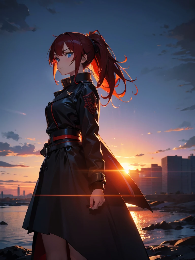 Cityscape, building, Skyline, sunset, Silhouette against a cloud background, meditation. Watching the beautiful sunset, sunset時に, sunset時, sunsetとともに, In the sunset, Nice views, Sunset view, With the sunset, sunset時に, During Golden Hour, looking sunset時に, Sunset in the background, Watching the sunset, Get noticed,, Very detailed, blue eyes, Red Hair, Angry expression,Wearing a black fur jacket, Medium Hair,ponytail, Anime Style, whole body, alone, Stylish Sword Fighter Girl, Has a rapier,Standing in the Wilderness, 8K high resolution, White Background, The background is a dark and desolate landscape, Horror movie atmosphere. Her figure is very beautiful, Emphasizing the dark and crazy elements. Skillfully expressing the effects of light and shadow, Anime girls from &#39; Forefront, Mechanized Soldier Girl, &#39; Forefront style