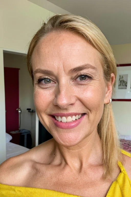 (Am I Real), beautiful 60 year old woman, standing in his room , with a tight, red, off-the-shoulder blouse, blonde hair and ponytail, seeing his face up close almost smelling his breath from the front staring at you with cruel eyes a smile peeling teeth widely with a slightly yellow touch, realist, Detalle realist pegada ala pantalla