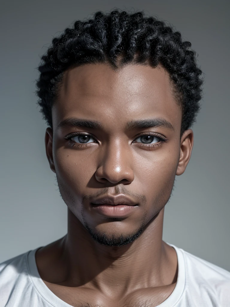 African man aged 30 years old. strong features. olhos grandes e brilhantes, thick lips, clean shaven with short hair. Stately. wearing no shirt. white background. gazing at the horizon.