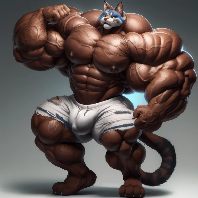 brutalmass, furry growth, big Bulge hyper growth, hyper muscles, a cat, blue, cute cat, shirtless, white shorts, muscular, on a gray background