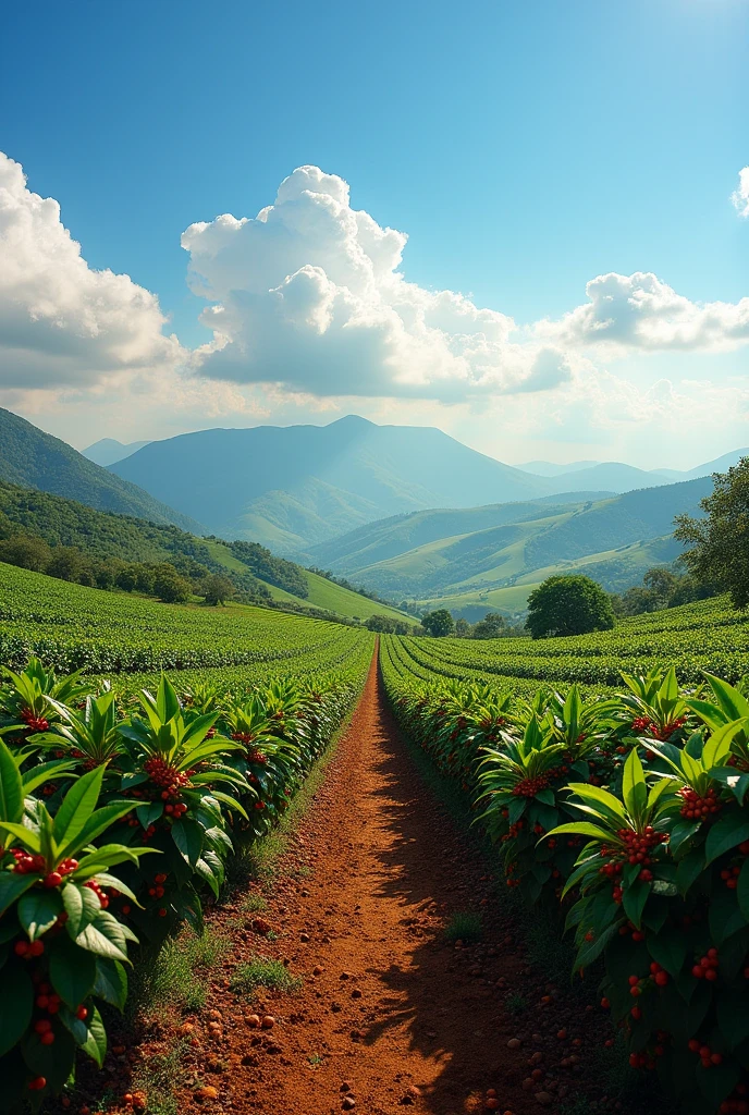 Generate a realistic image of a coffee plantation with an open field without trees