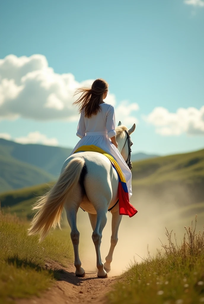 Woman with her back to the camera, wearing a white blouse, riding a white horse with the Venezuelan flag.