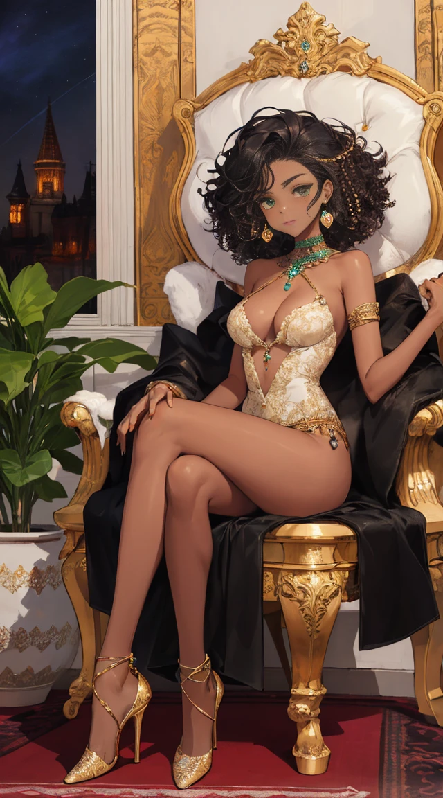 (work of art, high qualiy, absurdrez) 1womanl, Bblack hair, curly hair, Afro-curly hair, greeneyes, a perfect face, the perfect body, breasts big, short in stature, very dark skin, Hindu Woman, only, ((best qualityer)), ((work of art)), (detailded:1.4), detailded eyes and face, saco de designer, designer jewelry, designer dress, Designer high heels, Languid gaze, Night in Soviet society, Luxurious atmosphere around