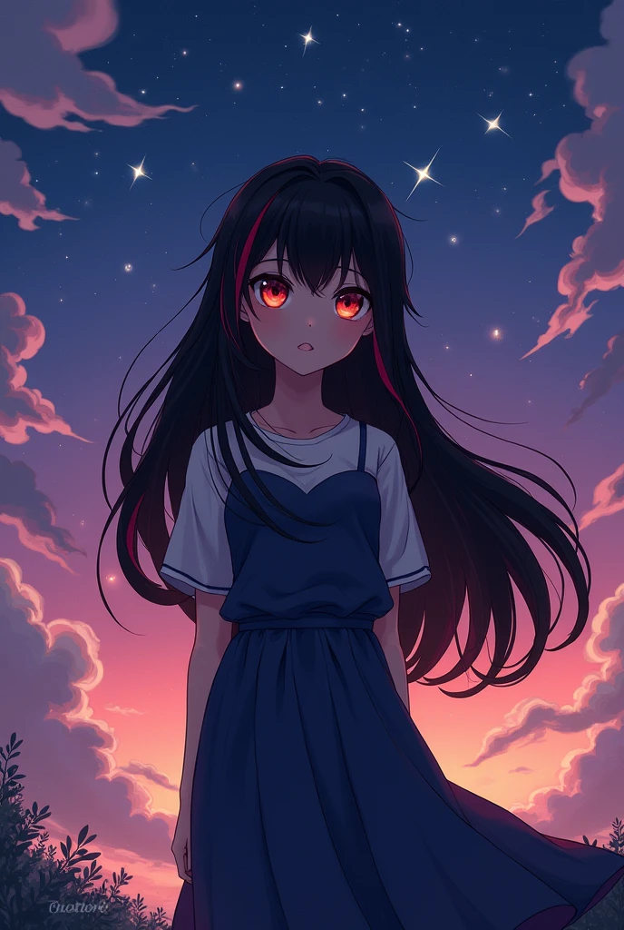 Girl with black hair and a red lock, heterochromatic eyes, one red and one orange