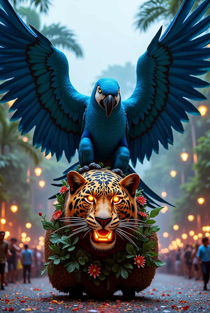 allegorical float with a giant blue macaw with open wings and a jaguar head in front with lights in its eyes
