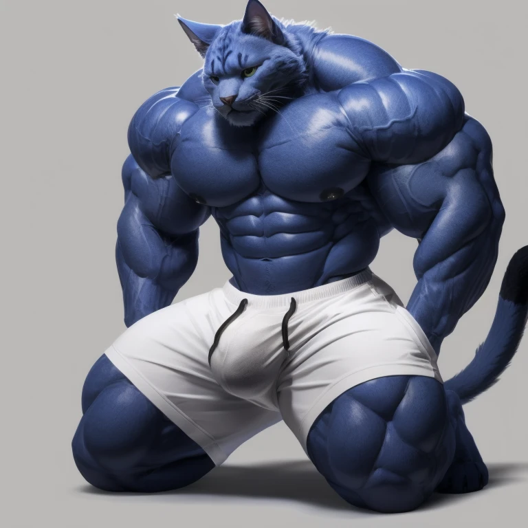 furry growth, big Bulge, hyper growth, hyper muscles, a cat, blue, cute cat, shirtless, white shorts, muscular, on a gray background Kneeling on the floor