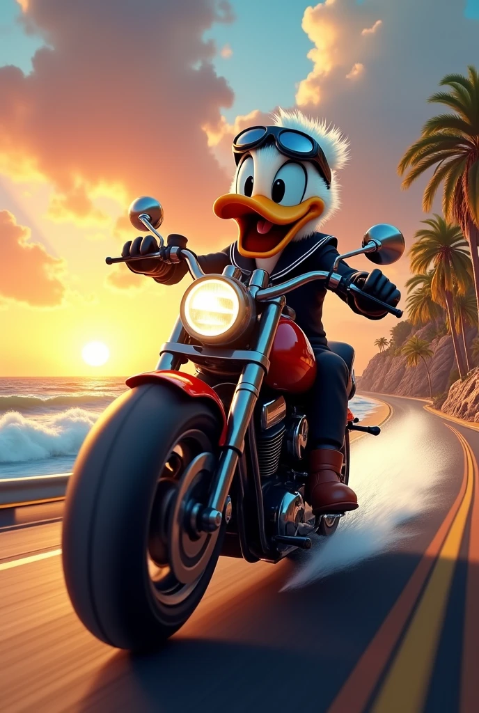 Black Donald Duck riding a motorcycle