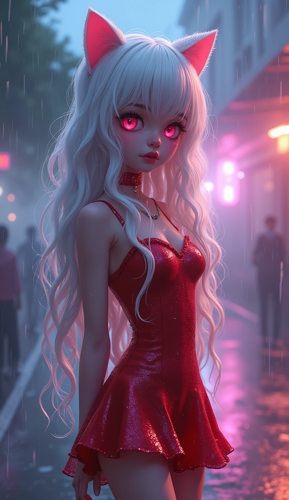 photorealistic,Realistic illustration in Modelshoot style,((masterpiece)),((The best quality)),((Ultra Quality)),((ultra detailed)),((1girl long white hair)),((Only)),((waifu:1.5)),Perfect anatomy,perfect hands,beautiful cuerpo,beautiful_method,ulzzang-6500-v1,e-chica,((Exceptionally Beauty Waifu Princess)), intricate details, realist, photorealist, Full Body Portrait, Instagram Photo of a woman wearing aretes, Mary R., inspired by Emma Andijewska, wrapped in crystals,(masterpiece:1.3), (Best Quality:1.3), (Ultra-detailed:1.2), ((kawaii)), Cute, (lovely), ((sexy)), ((Extremely detailed)), 4K, (8K), Best Quality, (Beautiful), Illustration, anime style, (bold line:1.2), Gradation,(best quality, ultra-detailed, photorealistic: 1.39), bright and vibrant colors, studio lighting, (Perfect eyes:1.2), (Perfect iris:1.2), romantic kawaii expression, cute delicate smile, kawaii makeup, -yeld e-l, short red dress, platinum braided and curl white hair, cat ears, big breasts, fit, long wavy hair, mercenary, Mary R.,((bright-pink_eyes)),long wavy hair, ((white hair)),hair clips,eyeliner,cute makeup,lipstick,Glossy lipstick,with a look of terror, worry and sadness,((eyes detallados perfectos)),rainy with fog outside,evening,pink theme,bioluminiscencia,light particles,((Extremely CG Unity 8K Wallpaper)),((cinematic lighting,Best quality lights)),intricate details,Suave,sharp focus,Extremely beautiful and aesthetic,Octane rendering,Full length portrait,damp skin,((Perfect detailed body)),