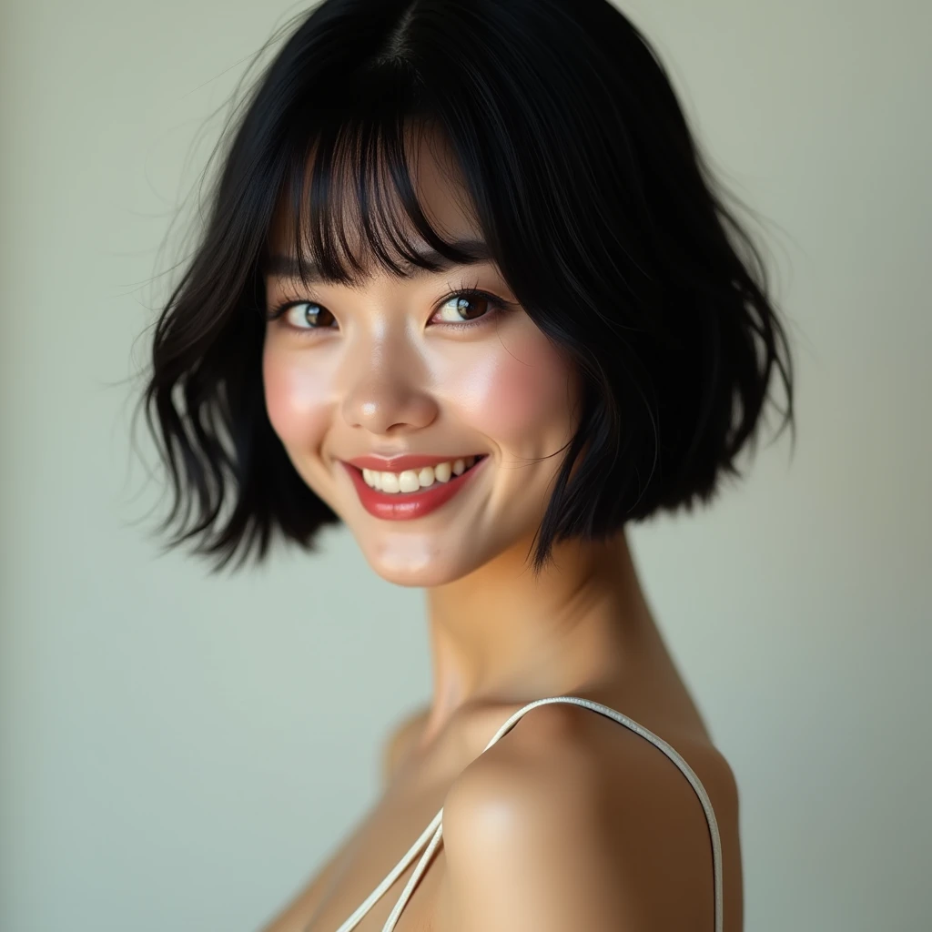 8k,Highest quality,(masterpiece:1.2),(Realistic),Ultra-high resolution,Female 1,smile,Beautiful Eyes,Perfect body,Detailed face and skin texture,fine grain,RAW Photos,Black Hair,Short Bob, masterpiece, Completely naked,