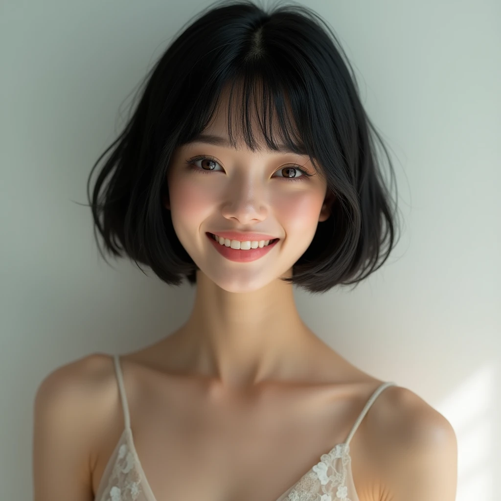 8k,Highest quality,(masterpiece:1.2),(Realistic),Ultra-high resolution,Female 1,smile,Beautiful Eyes,Perfect body,Detailed face and skin texture,fine grain,RAW Photos,Black Hair,Short Bob, masterpiece, Completely naked,