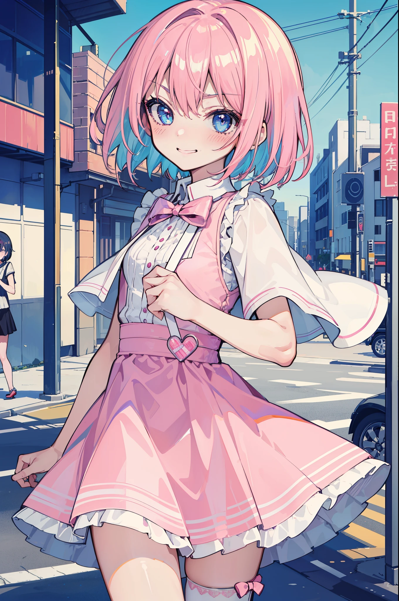 (best quality:1.2), (highest quality:1.2), (perfection:1.1), (flawless:1.1), urban street, 1girl, (sadistic smirk:1.1), (:1.1), cute short pink dress, (blushing:1.1), colorful short hair, small breasts, (best quality eyes:1.1), highly detailed, 8k, best quality resolution, (most beautiful upscale:1.1)
