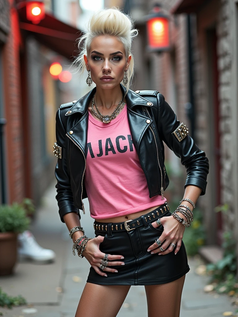Old russian milf, platinum blonde hair, long, in pompadour style with shaved sides, with very light blue eyes, pale, lots of eye shadows. Wearing black moto jacket, cropped rock t-shirt, black leather miniskirt and white tennis sneakers. Bullet belt, lots of rings and studded bracelets ,