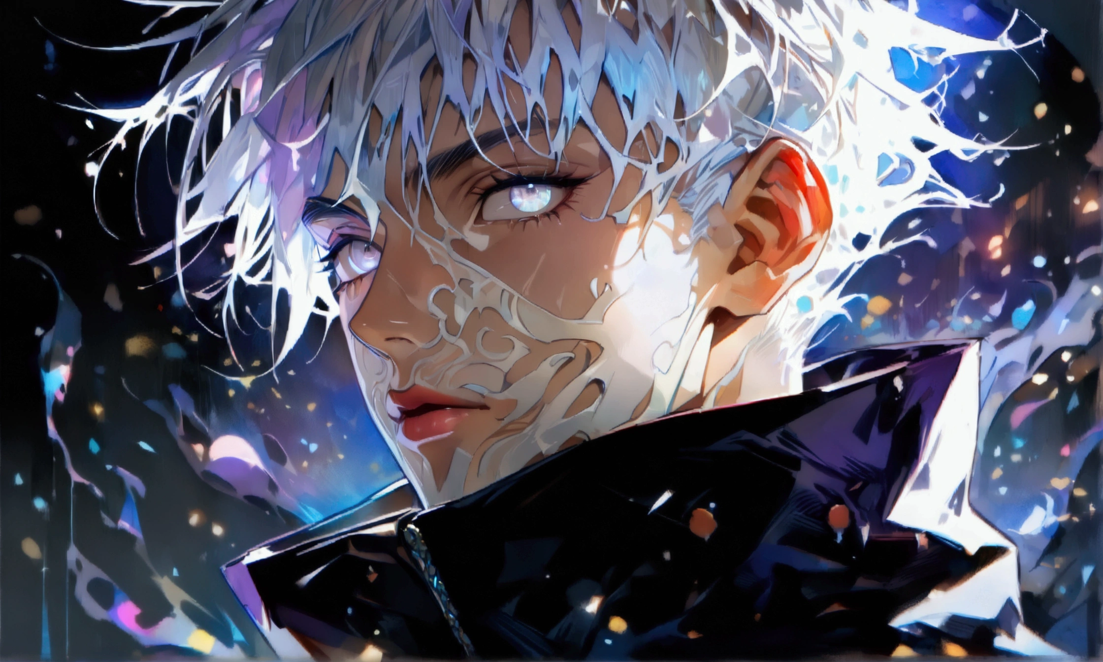 Man, white eye, white hair with purple highlights, black clothes with high collar, ((Intricate anime character design inspired by Jujutsu Kaisen)), ((Stunning lighting)), ((Fine lines)), ((Stunning focus)), ((Stunning face)), ((Detailed focus)), ((Detailed background)), ((Ultra-fine 2D design)), ((Background full of creativity)), ((2D masterpiece)), ((Best quality), ((8K)), ((Anime style))
