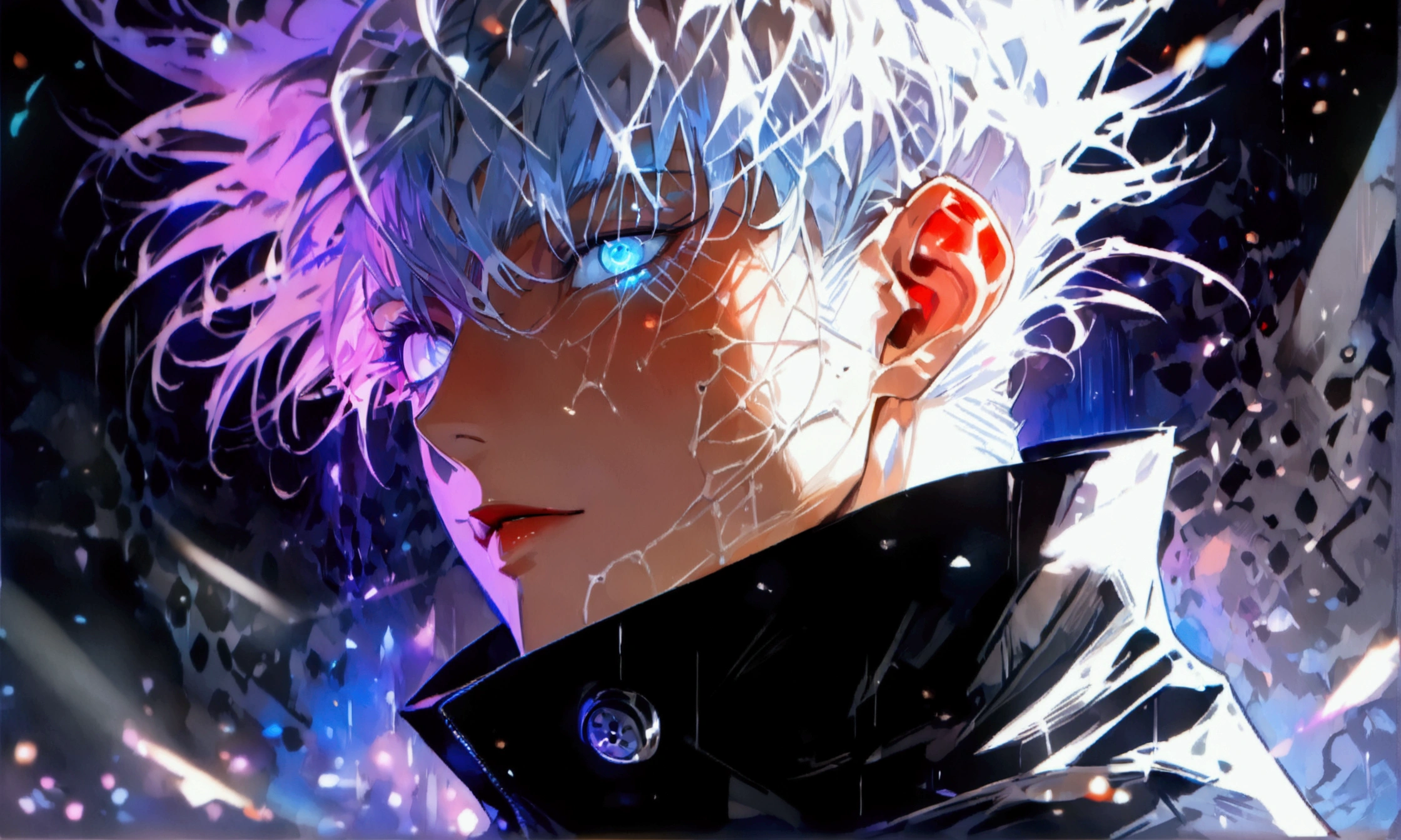 Man, white eye, white hair with purple highlights, black clothes with high collar, ((Intricate anime character design inspired by Jujutsu Kaisen)), ((Stunning lighting)), ((Fine lines)), ((Stunning focus)), ((Stunning face)), ((Detailed focus)), ((Detailed background)), ((Ultra-fine 2D design)), ((Background full of creativity)), ((2D masterpiece)), ((Best quality), ((8K)), ((Anime style))