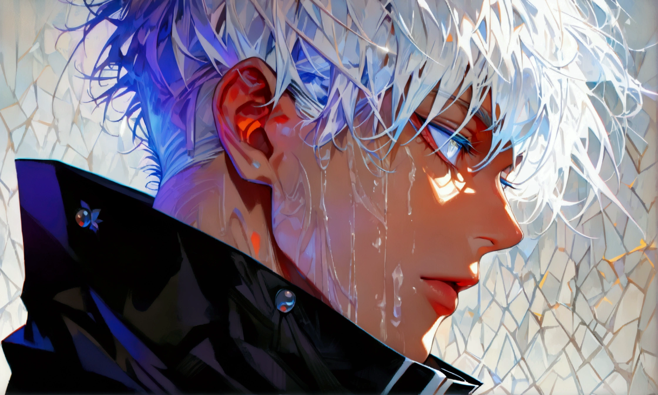 Man, white eye, white hair with purple highlights, black clothes with high collar, ((Intricate anime character design inspired by Jujutsu Kaisen)), ((Stunning lighting)), ((Fine lines)), ((Stunning focus)), ((Stunning face)), ((Detailed focus)), ((Detailed background)), ((Ultra-fine 2D design)), ((Background full of creativity)), ((2D masterpiece)), ((Best quality), ((8K)), ((Anime style))