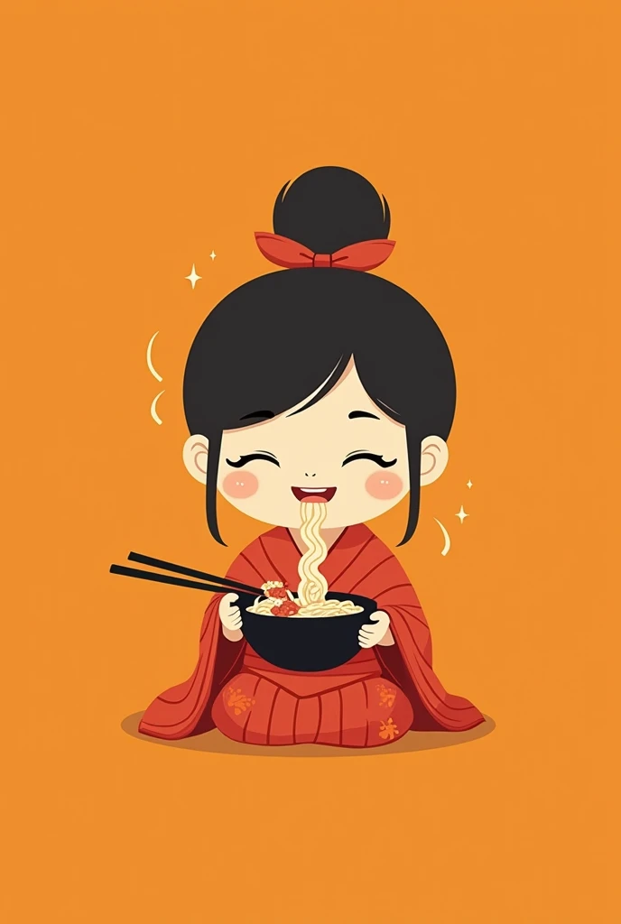 minimalist logo, that has Japanese and Mexican style, as a little Japanese girl, closed eyes, happy, Eating noodles with bits of meat, on an orange background.