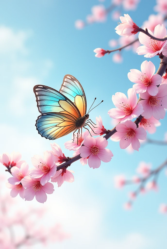 A butterfly landing on a blooming cherry branch