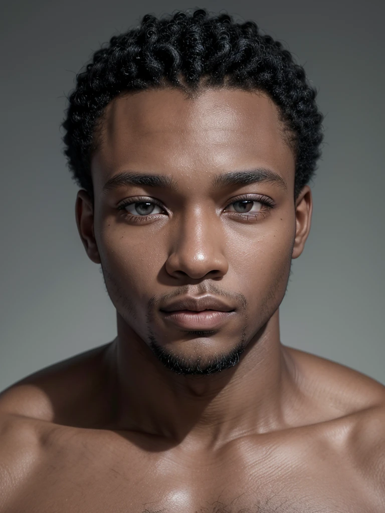 African man aged 30 years old. strong features. olhos grandes e brilhantes, thick lips, clean shaven with short hair. Stately. wearing no shirt. white background. gazing at the horizon.