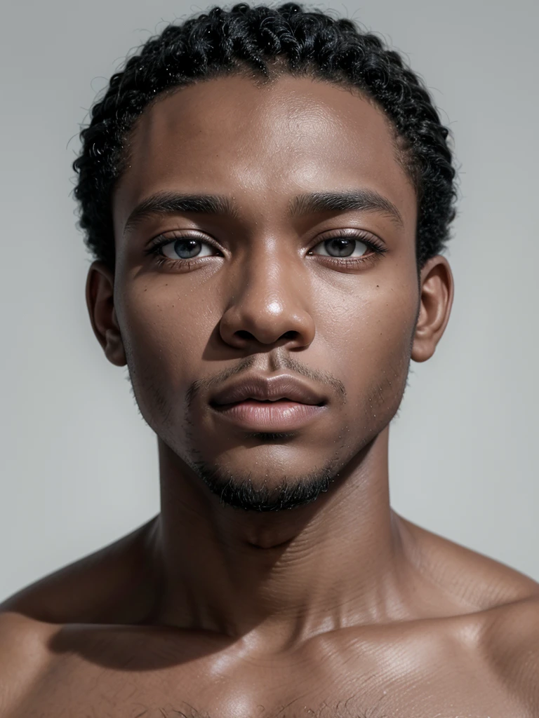 African man aged 30 years old. strong features. olhos grandes e brilhantes, thick lips, clean shaven with short hair. Stately. wearing no shirt. white background. gazing at the horizon.