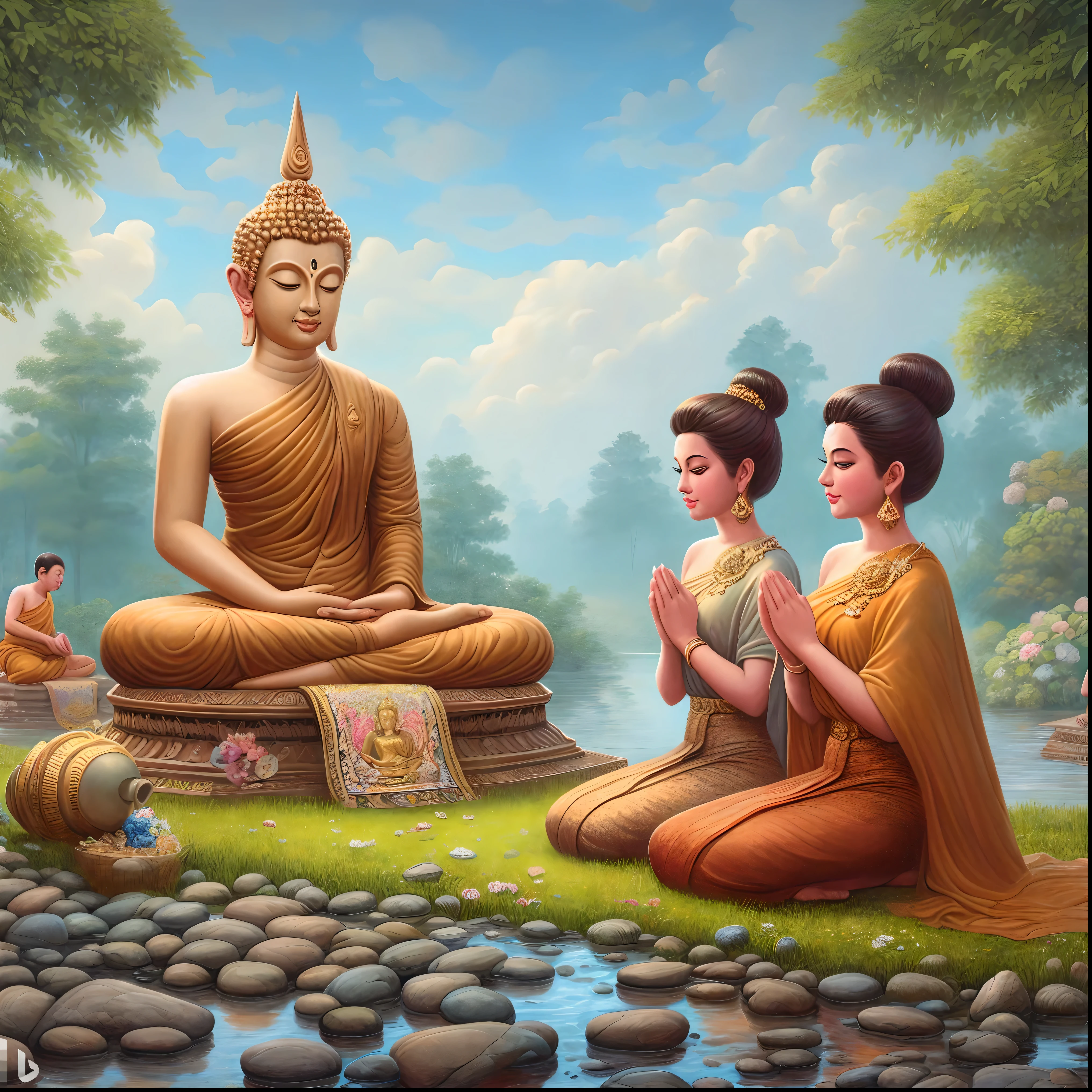 painting of a woman sitting on a rock with a buddha statue, buddhism, buddhist, buddhist art, on path to enlightenment, the buddha, hindu stages of meditation, on the path to enlightenment, tithi luadthong, beautiful depiction, buddha, by John La Gatta, by Kerembeyit, serene illustration, praying meditating, thailand art