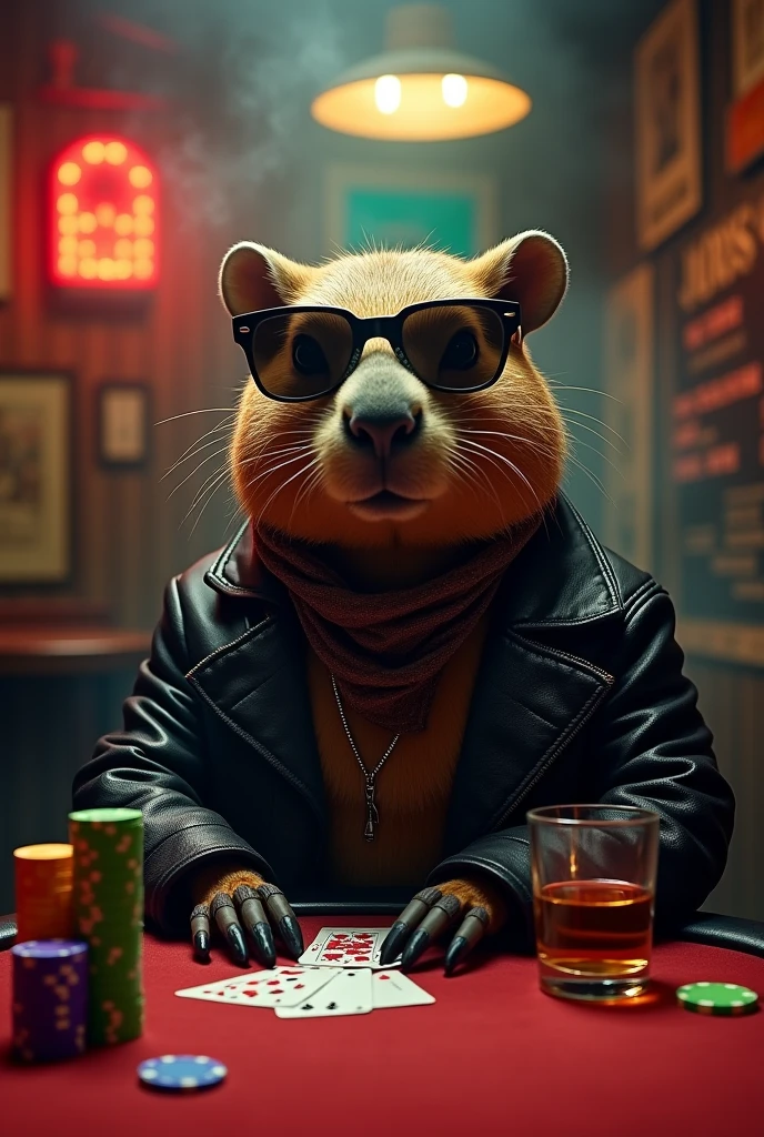 A capybara playing poker, who looks cool and mysterious at the same time
