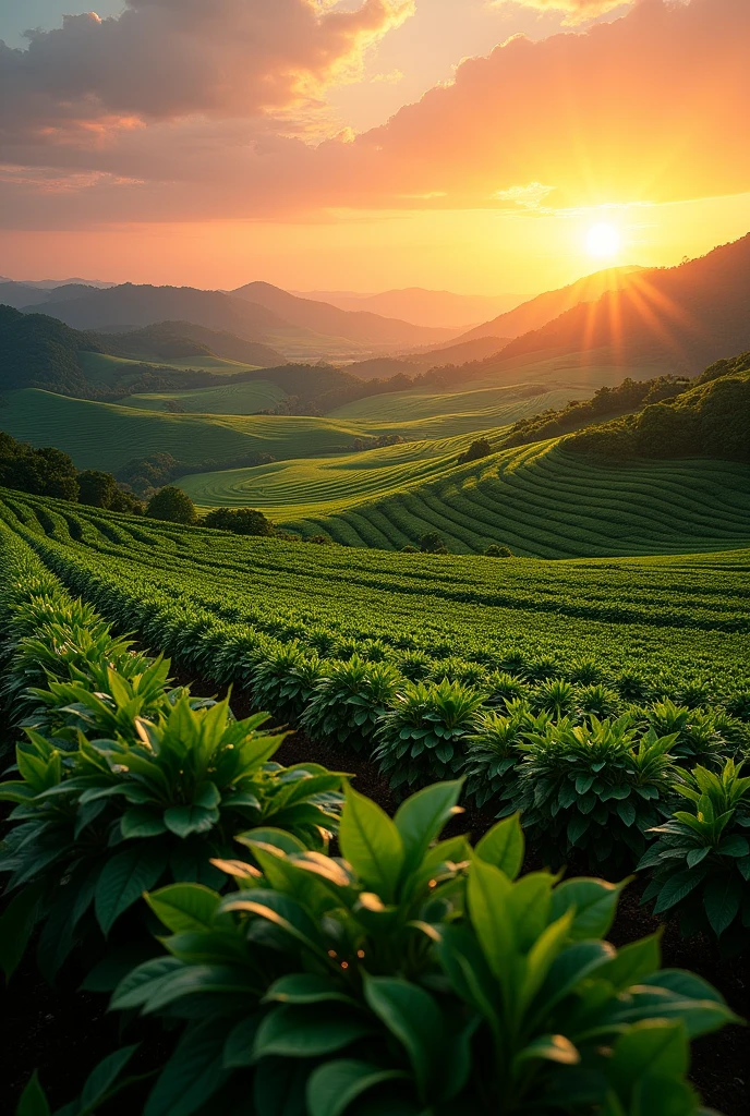 Generate a realistic image of a coffee plantation with an open field, no trees, and no mountains at sunset.