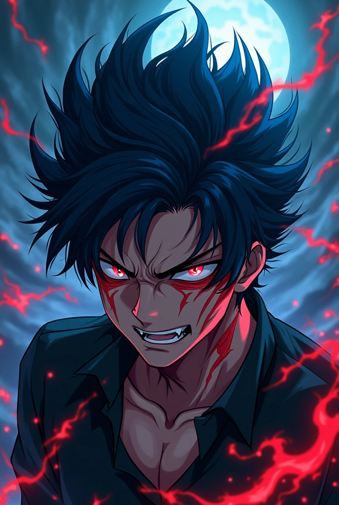Make a dark blue haired man with a wicked and uncontrolled expression with red marks on his face.
anime styling
