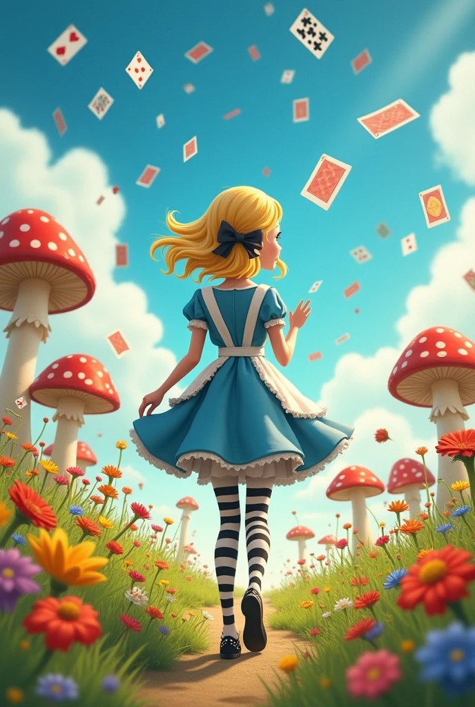 A movie poster, with a blonde with her back to me, wearing a blue dress and a white apron, long striped stockings, black shoes and a black bow in her hair, walking through a field of flowers and giant mushrooms, and playing cards falling from above 