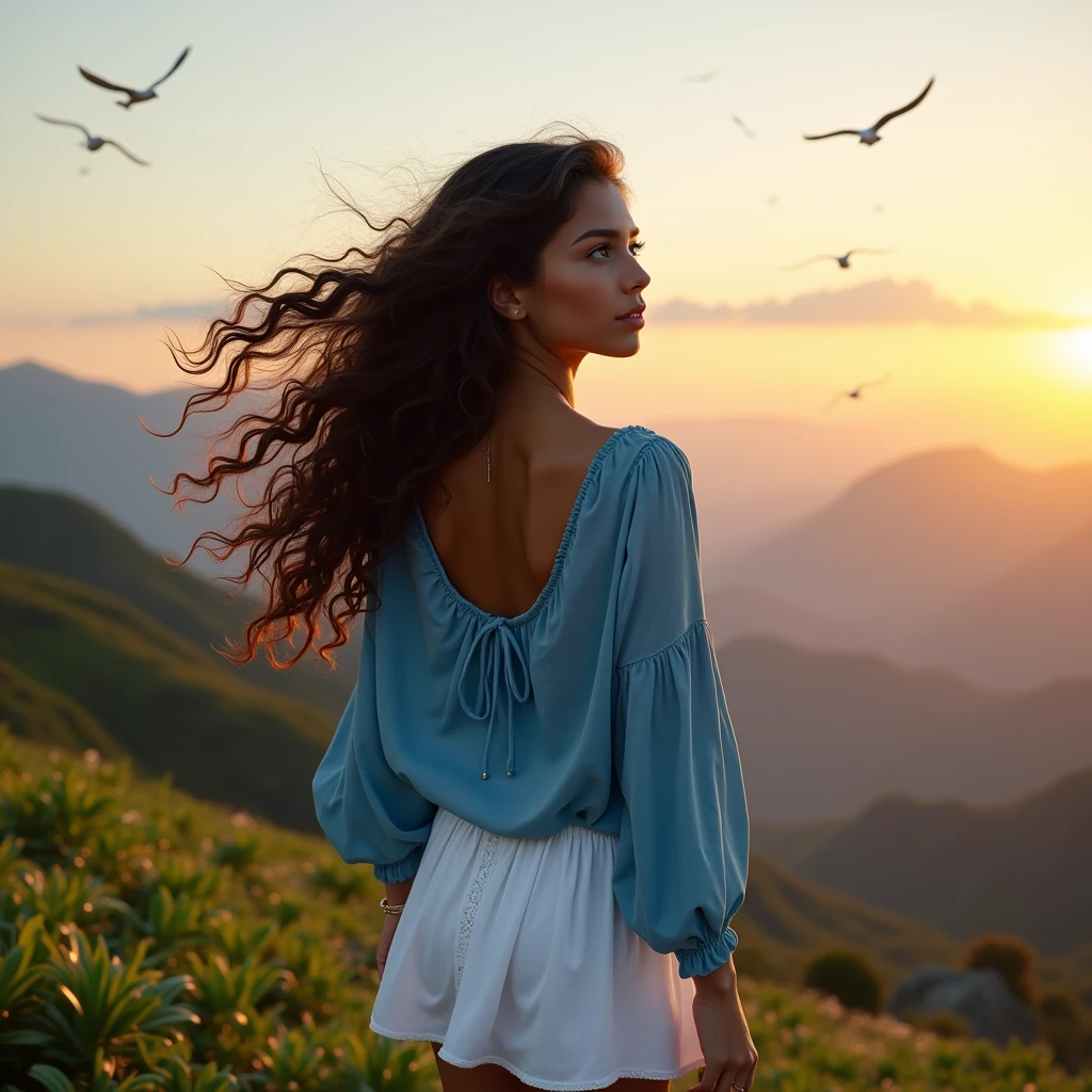A beautiful mixed girl with long wavy hair, she have a beautiful sexy body, she look the sky, her hair flying , on a green mountain full of plant, bird flying around her , She wears a beautiful blue flying long-sleeved top, and a white little skirt , mountain, beautiful sunset view, hight definition , 8k