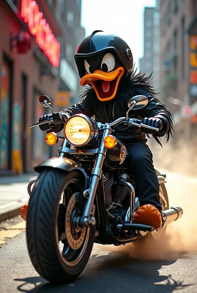 Donald Duck with the black feathers
riding a motorcycle 
