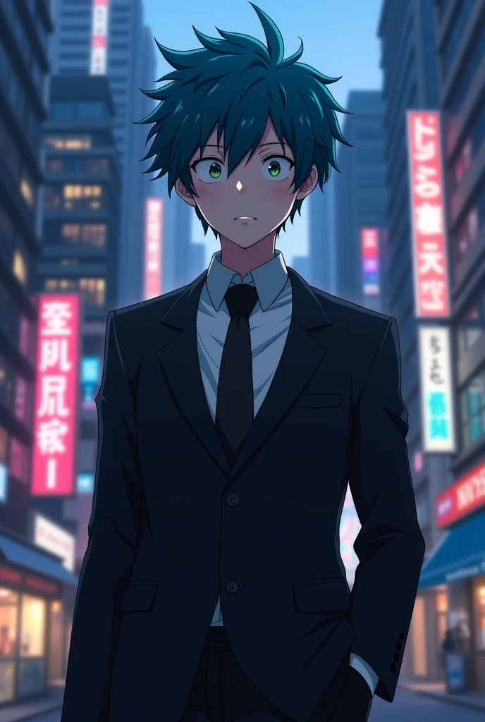, a character named Tamaki from the anime My Hero Academia, wearing a sleek black suit, shy, with blue hair, a hairless boy with no tattoos, with a slight blush, with a grain in the nose
