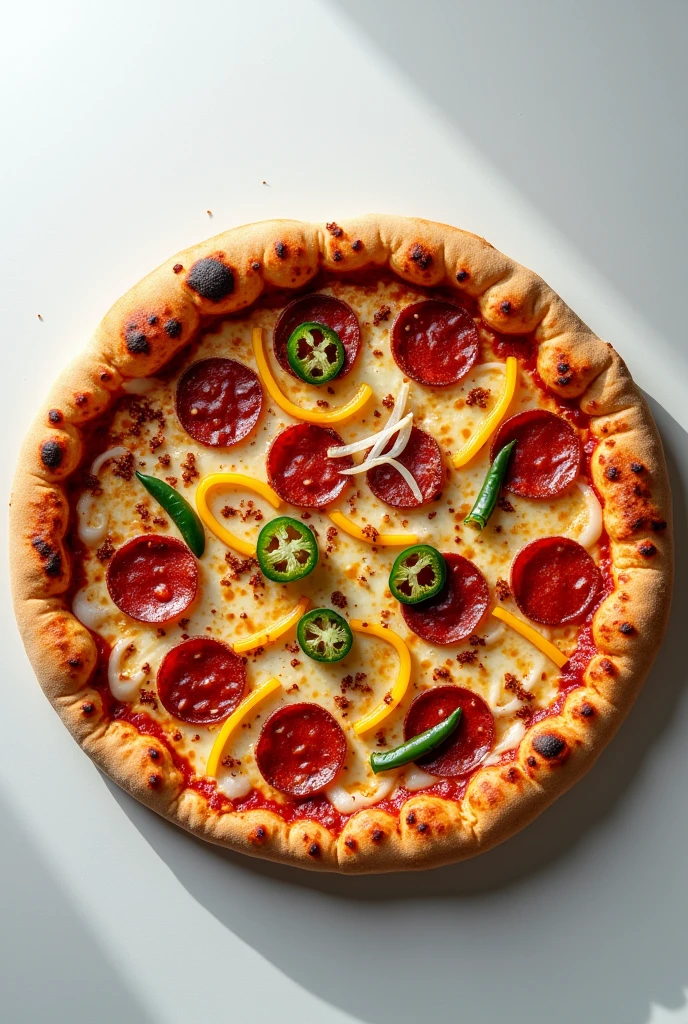 a delicious ((pizza)) on a white table with a white background, (pepperoni, bell peppers, jalapenos, onions, melted cheese, marinara sauce, crispy crust), Italian cuisine, savory, spicy, colorful toppings, fast food, cheese stretching, RAW ,Stock Photo, Masterpiece, Sony A7SIII, 4k, 8k, 12k, 80mm lens ,f/2.0, sharp focus, sharp details, highly detailed photo, intricate details, high-resolution, centered, easy to look, mockup, HD, 4K, UHD, focused, (realistic textures), full shot, wide view, safe, centered, colorful picture, modern