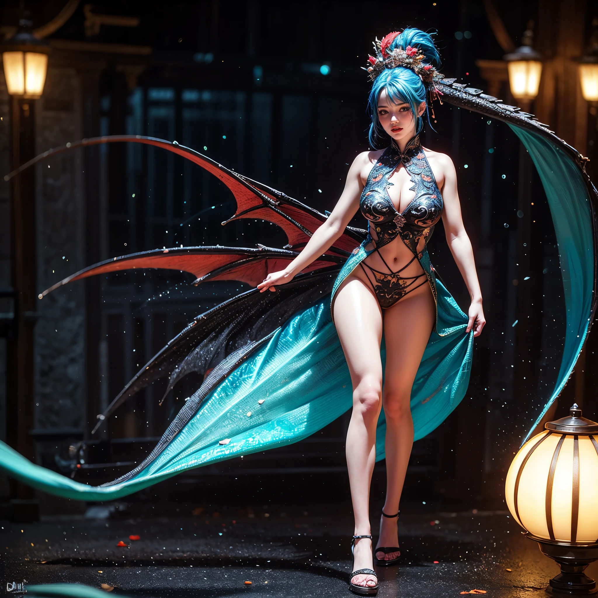 (Full Body of Extremely Detailed Dragon girl) with Sparkling Red eyes Cyan hair in a high ponytail, liquid hair, flowers, (Huge dragon head) in background, 8K TopQuality UltraDetailed Masterpiece of Professional Photo, HDR ultra-fine painting, LifeLike rendering, extreme detail description, professional, Bright colors, bokeh, (Exposed Hourglass Body Shape)