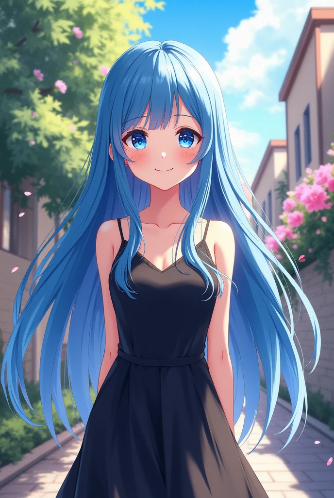 blue hair girl, long and straight, White skin, blue eyes, friendly smile, black dress 