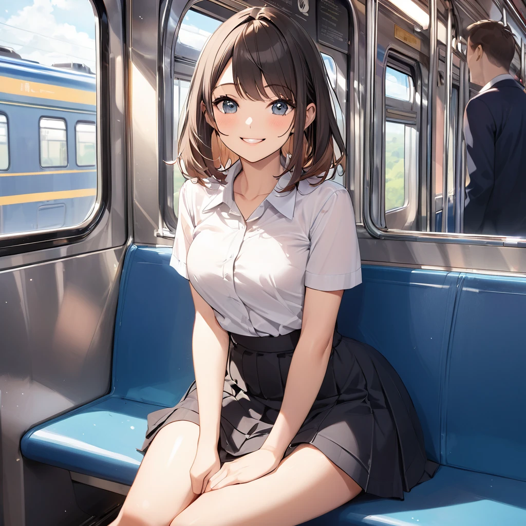 A beautiful woman wearing a miniskirt is sitting in the seat opposite me on the train, lifting her skirt and looking at me with a smile.