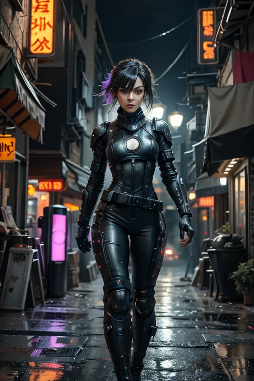 a centered below shot high detailed digital art illustration of a futuristic cyberpunk woman ninja in a walking pose holding with 2 purple light-sabers, wearing a futuristic carbon fiber armor with metal parts and high tech accessories, looking at viewer with angry face, long glowing wind swept hair, black leather gloves. volumetric light from above, rim lighting, the background is a post apocalyptic street with high skyscrapers, burnt ruined city, rain, smoke, rainy night with dark clouds
