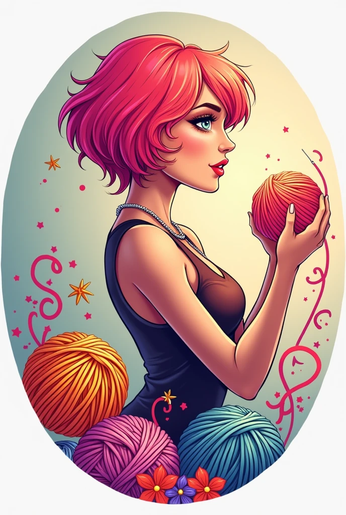 Logo of a woman with short pink and orange hair holding a crochet yarn and needle.