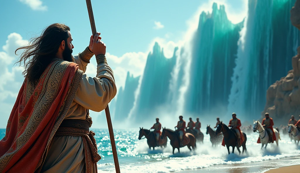 A man with a long beard and slightly long hair, wearing a quilt and old Islamic clothes, splits the sea with his stick, and each split appears very high. Behind him are soldiers on horses and the parade is filmed.