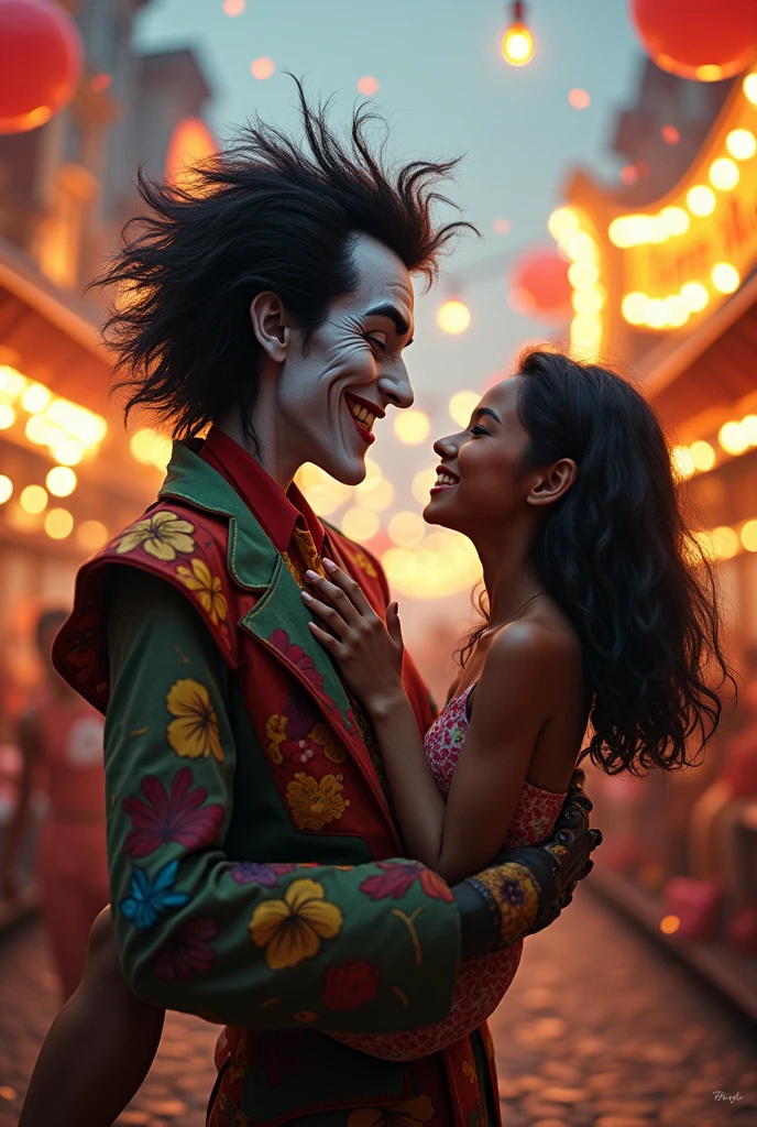 Generate a Laughing Jack carrying a girl with shoulder-length black hair, looking like they are in love.