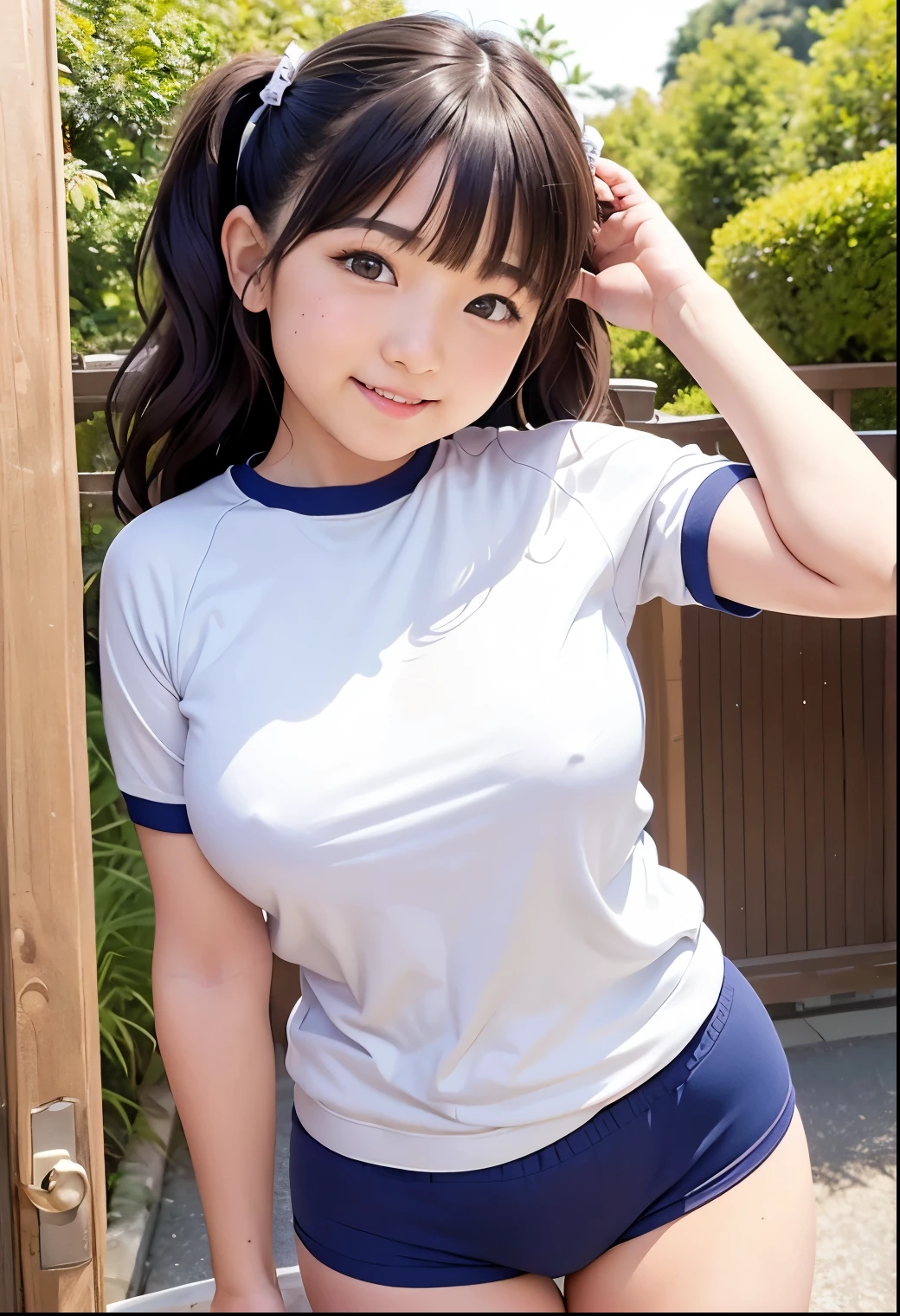 (Highest quality,masterpiece:1.3,Ultra-high resolution),(Very detailed、Caustics) (Realistic:1.4, RAW shooting、)Ultra-Realistic Capture、Very detailed、Natural skin texture、masterpiece、(Bloomers)、(Japanese wearing traditional sportswear)、(White tight short sleeve shirt、Dark blue short tight shorts:1.3)、Adorable expression、Expressions of happiness、10 years old、height: 140cmure、Amazingly cute、Twin taile、Curly HBlack Hair、Large Breasts、Shining thighs、Shining ass、Shooting on the main street of a tourist spot、Summer early morning、Background details、smile、An inviting gaze、(Anatomically correct)、Cowboy Shot、Attention to detail、