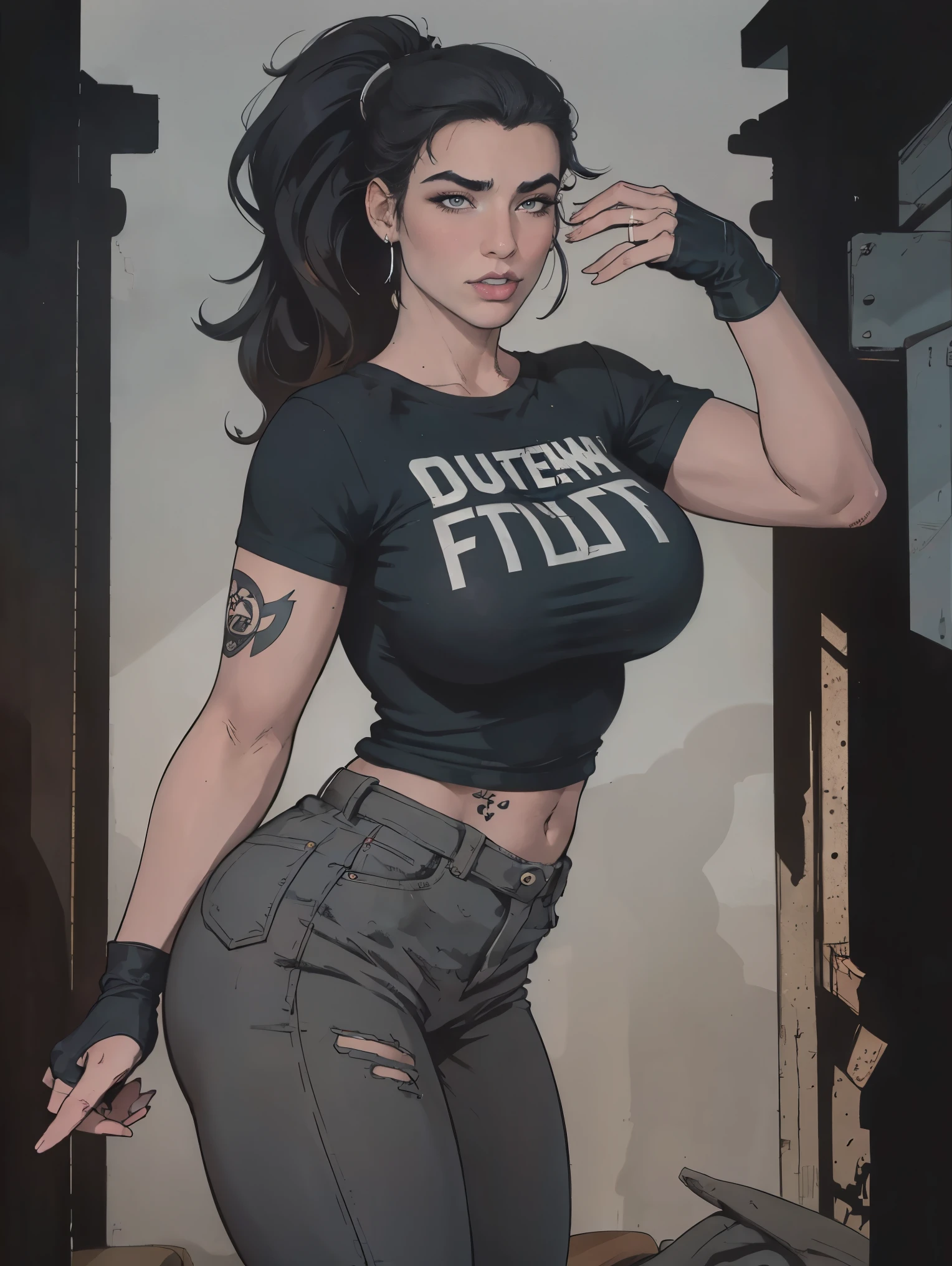 Extremely busty thin and toned brunette death metal girl, strung out, sleepy, stoned, fair skin, big hair, huge ponytail, hair pulled back, soft face, athletic, heavy makeup, piercings, grey t-shirt, grey tee shirt, studs, black pants, boots, fingerless gloves. black butterfly tattoos. standing in a dark alley at night. Outdoors, exterior, Nighttime. neon lights. (detailed background.)